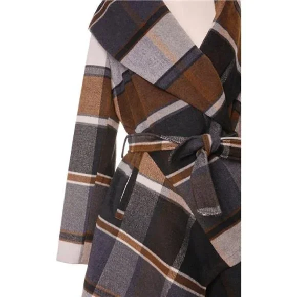 Women's Turn Down Shawl Collar Earth Tone Check Asymmetric Hemline Wool Coat - Picture 3 of 4